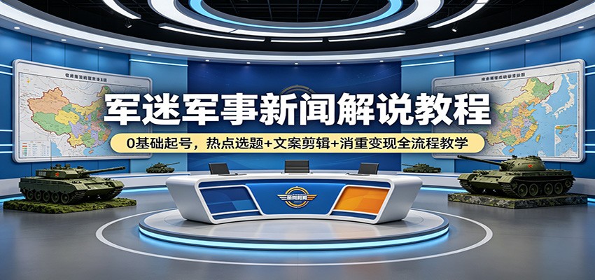 军迷军事新闻解说教程：0基础起号，热点选题+文案剪辑+消重变现全流程教学-百盟网