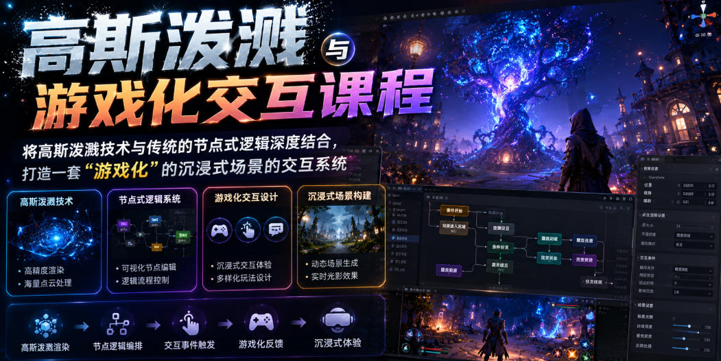 高斯泼溅与游戏化交互课程，将高斯泼溅技术与传统的节点式逻辑深度结合，打造一套“游戏化”的沉浸式场景的交互系统-百盟网