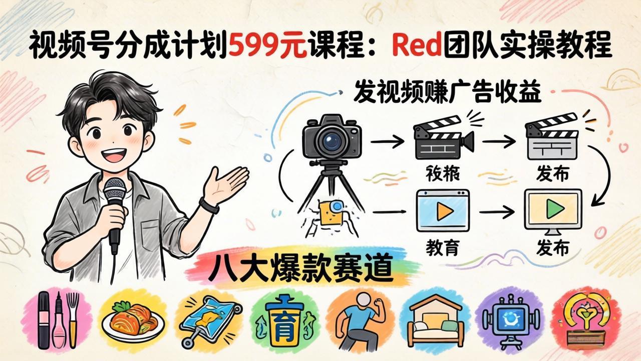 视频号分成计划599元课程：Red团队实操教程，发视频赚广告收益，八大爆款赛道全掌握-百盟网