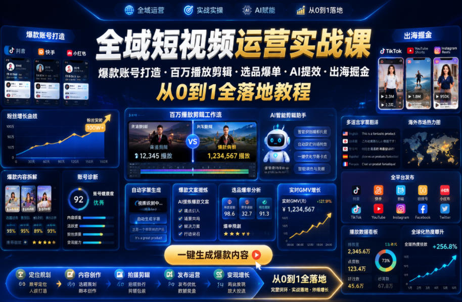 全域短视频运营实战课，爆款账号打造・百万播放剪辑・选品爆单・AI提效・出海掘金，从0到1全落地教程-百盟网