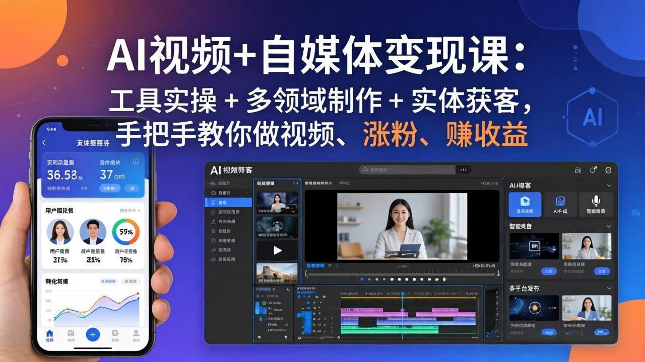 AI视频+自媒体变现课:工具实操 + 多领域制作 + 实体获客,手把手教你做视频、涨粉、赚收益-百盟网