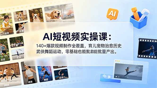 AI短视频实操课：140+爆款视频制作全覆盖，育儿宠物治愈历史武侠舞蹈运动，零基础也能批量产出-百盟网