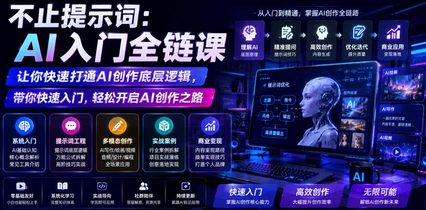 不止提示词：AI入门全链课，让你快速打通AI创作底层逻辑，带你快速入门，轻松开启AI创作之路-百盟网