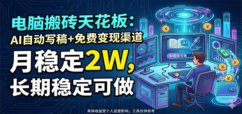 电脑搬砖天花板：AI自动写稿+免费变现渠道，月稳定2W，长期稳定可做-百盟网