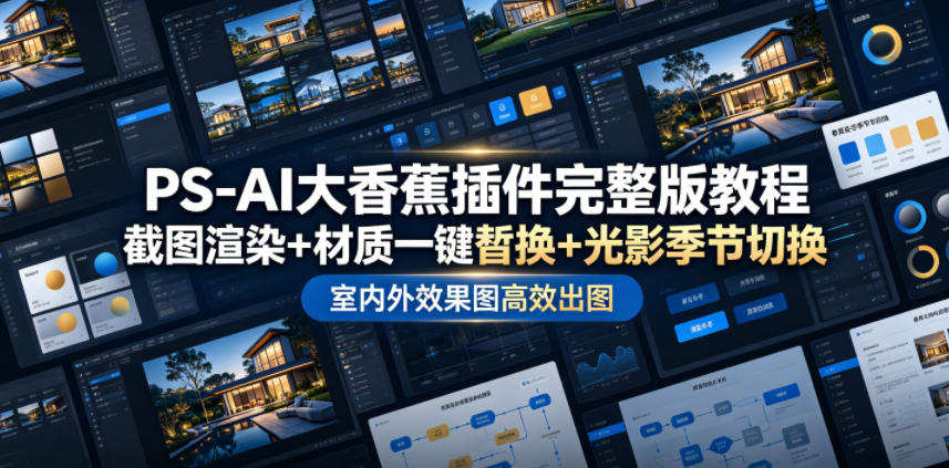 PS-AI大香蕉插件完整版教程，截图渲染+材质一键替换+光影季节切换，室内外效果图高效出图高阶课程-百盟网