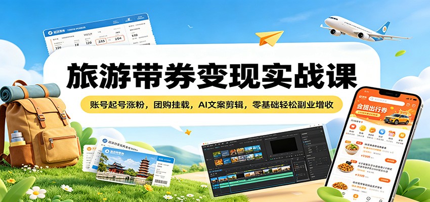 旅游带券变现实战课：账号起号涨粉，团购挂载，AI文案剪辑，零基础轻松副业增收-百盟网