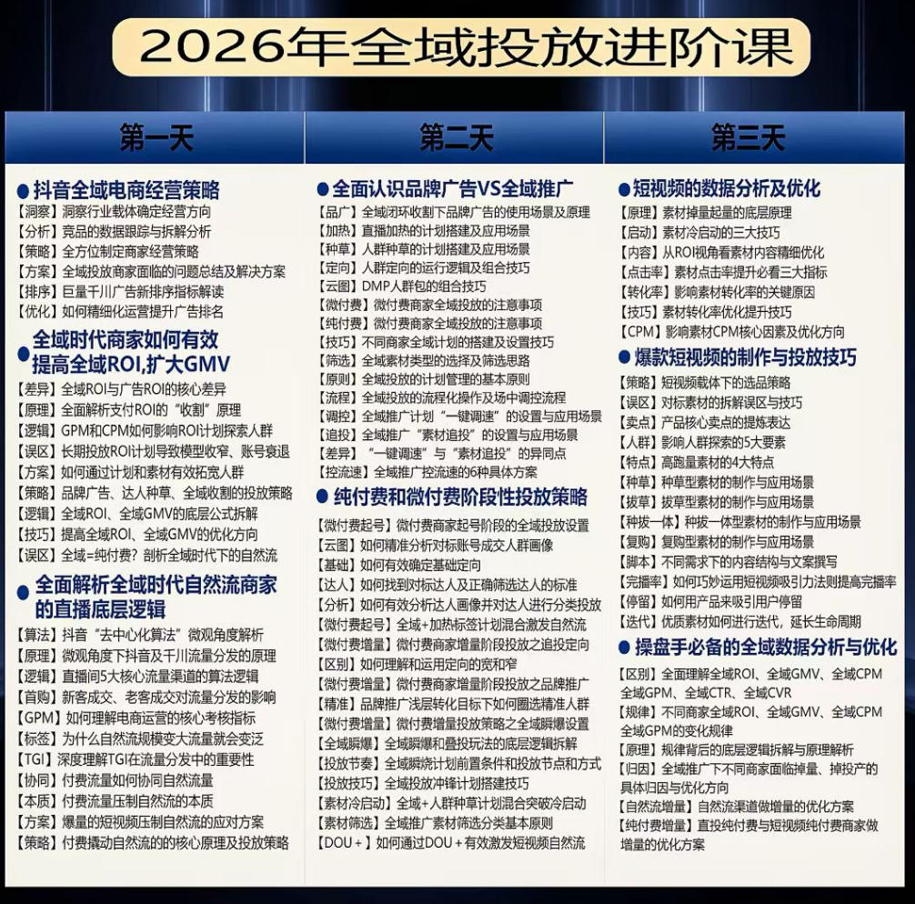 千川扫地僧2026抖音全域投放进阶课，少走弯路·快速起量·掌控增长，6月12-14号杭州线下课(更新)-百盟网