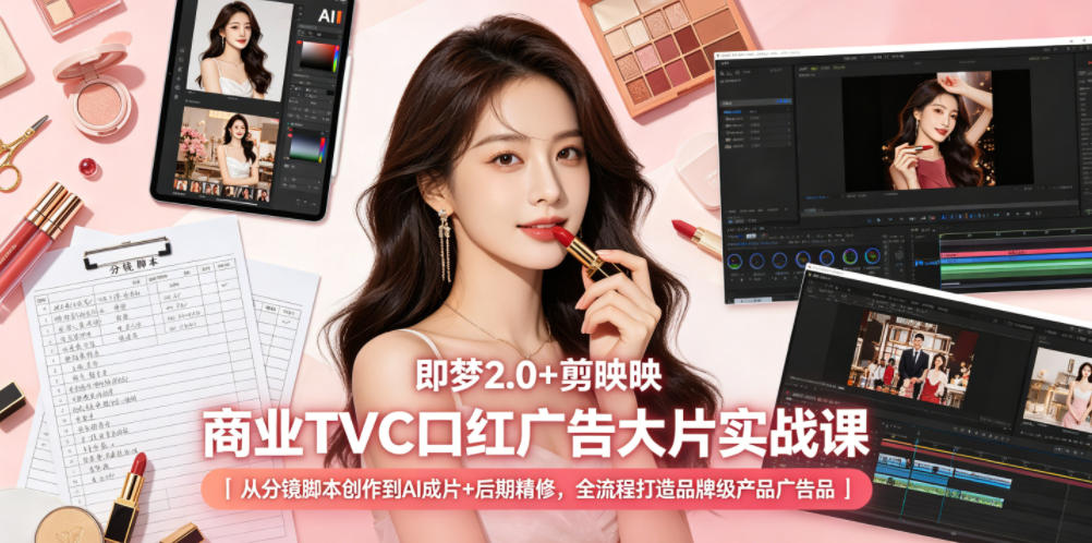 即梦2.0+剪映商业TVC口红广告大片实战课｜从分镜脚本创作到AI成片+后期精修，全流程打造品牌级产品广告-百盟网