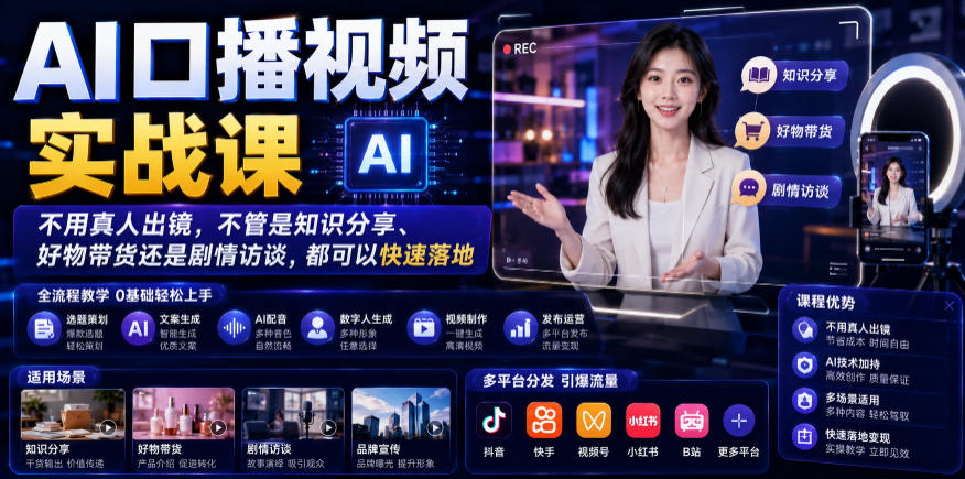 AI口播视频实战课，不用真人出镜，不管是知识分享、好物带货还是剧情访谈，都可以快速落地-百盟网