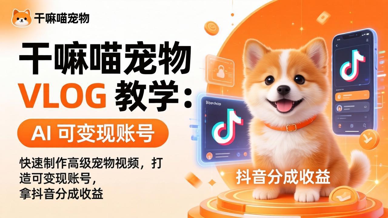 干嘛喵宠物 VLOG 教学：AI 快速制作高级宠物视频，打造可变现账号，拿抖音分成收益-百盟网
